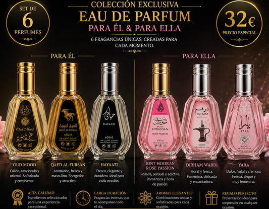 Set DE 6 PARFUMES orientales (3 PARA EL & 3 PARA ELLA) AVE018